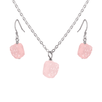 Raw Rose Quartz Crystal Earrings & Necklace Set