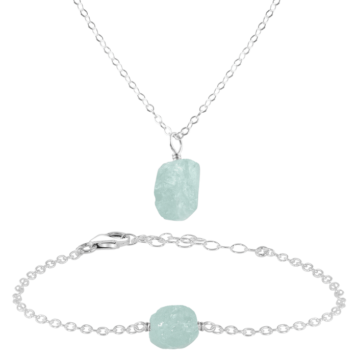 Raw Aquamarine Crystal Necklace & Bracelet Set