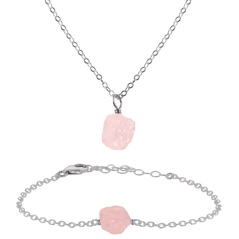 Raw Rose Quartz Crystal Necklace & Bracelet Set