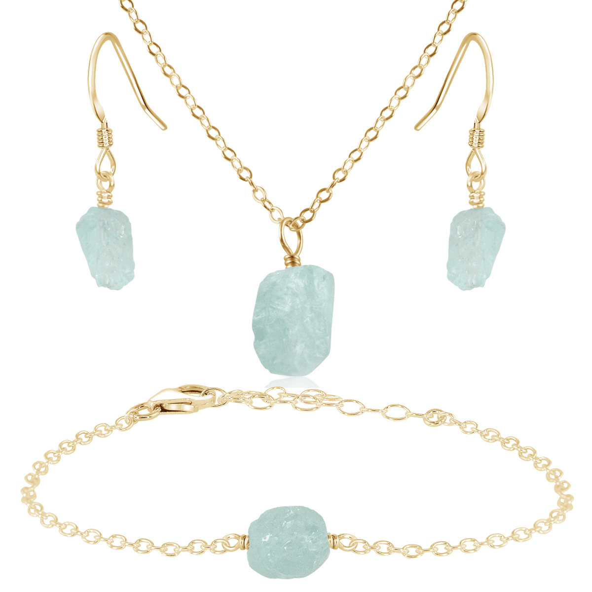 Raw Aquamarine Crystal Earrings, Necklace & Bracelet Set