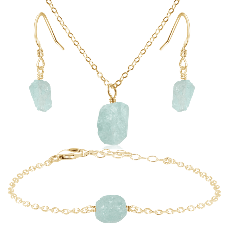 Raw Aquamarine Crystal Earrings, Necklace & Bracelet Set