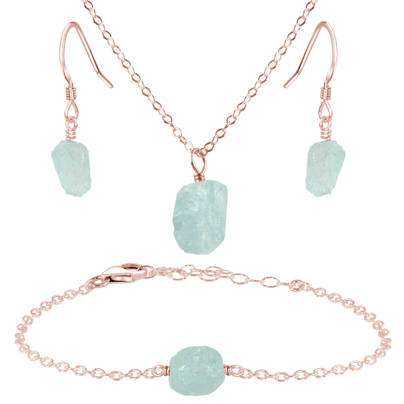 Raw Aquamarine Crystal Earrings, Necklace & Bracelet Set
