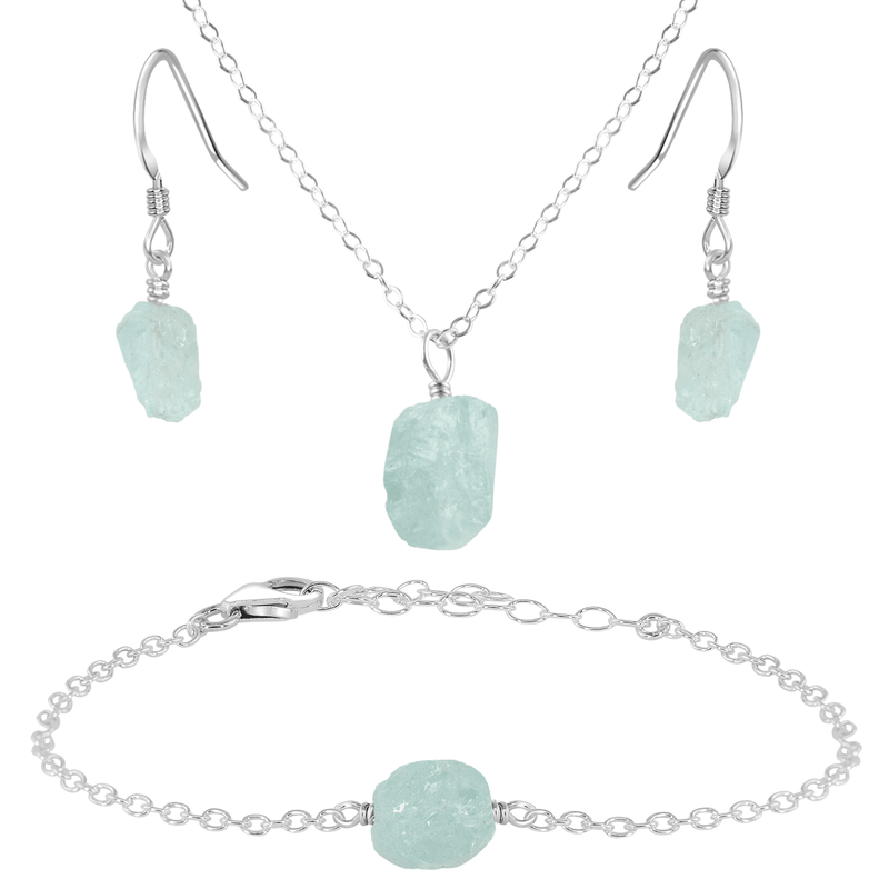 Raw Aquamarine Crystal Earrings, Necklace & Bracelet Set