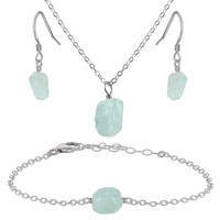 Raw Aquamarine Crystal Earrings, Necklace & Bracelet Set