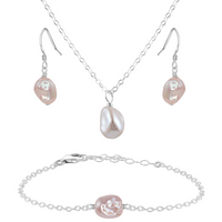 Raw Freshwater Pearl Crystal Earrings, Necklace & Bracelet Set