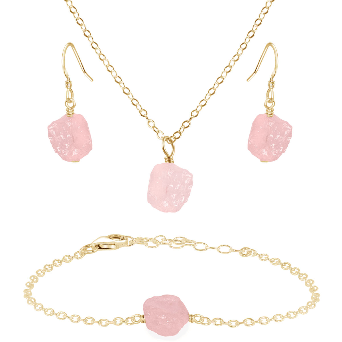Raw Rose Quartz Crystal Earrings, Necklace & Bracelet Set