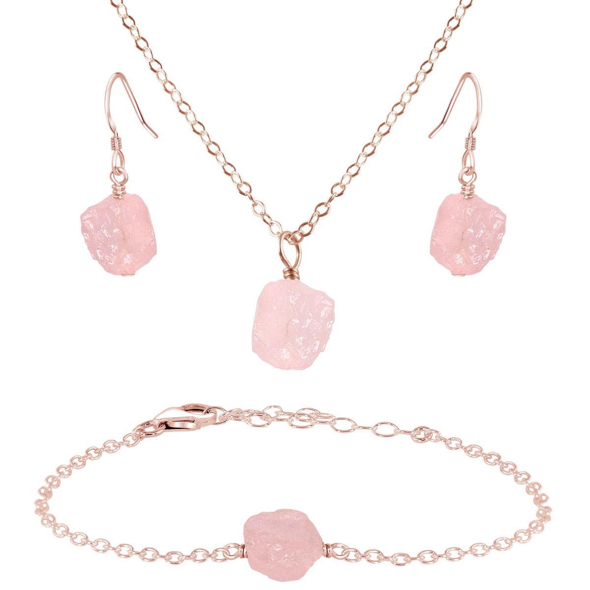 Raw Rose Quartz Crystal Earrings, Necklace & Bracelet Set