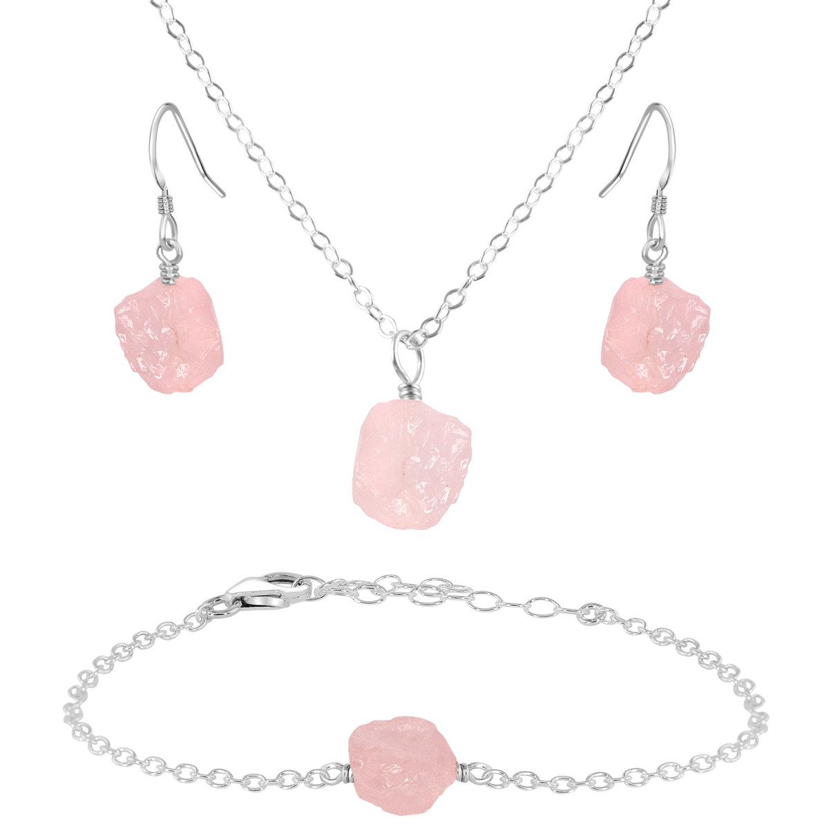 Raw Rose Quartz Crystal Earrings, Necklace & Bracelet Set