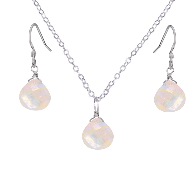 Rainbow Moonstone Tiny Teardrop Earrings & Necklace Set