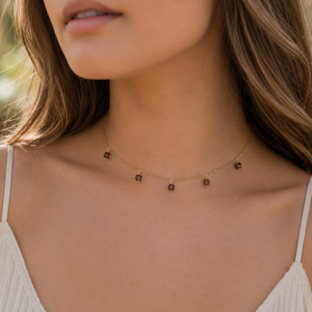 Smoky Quartz Bead Drop Choker 14K Gold Fill