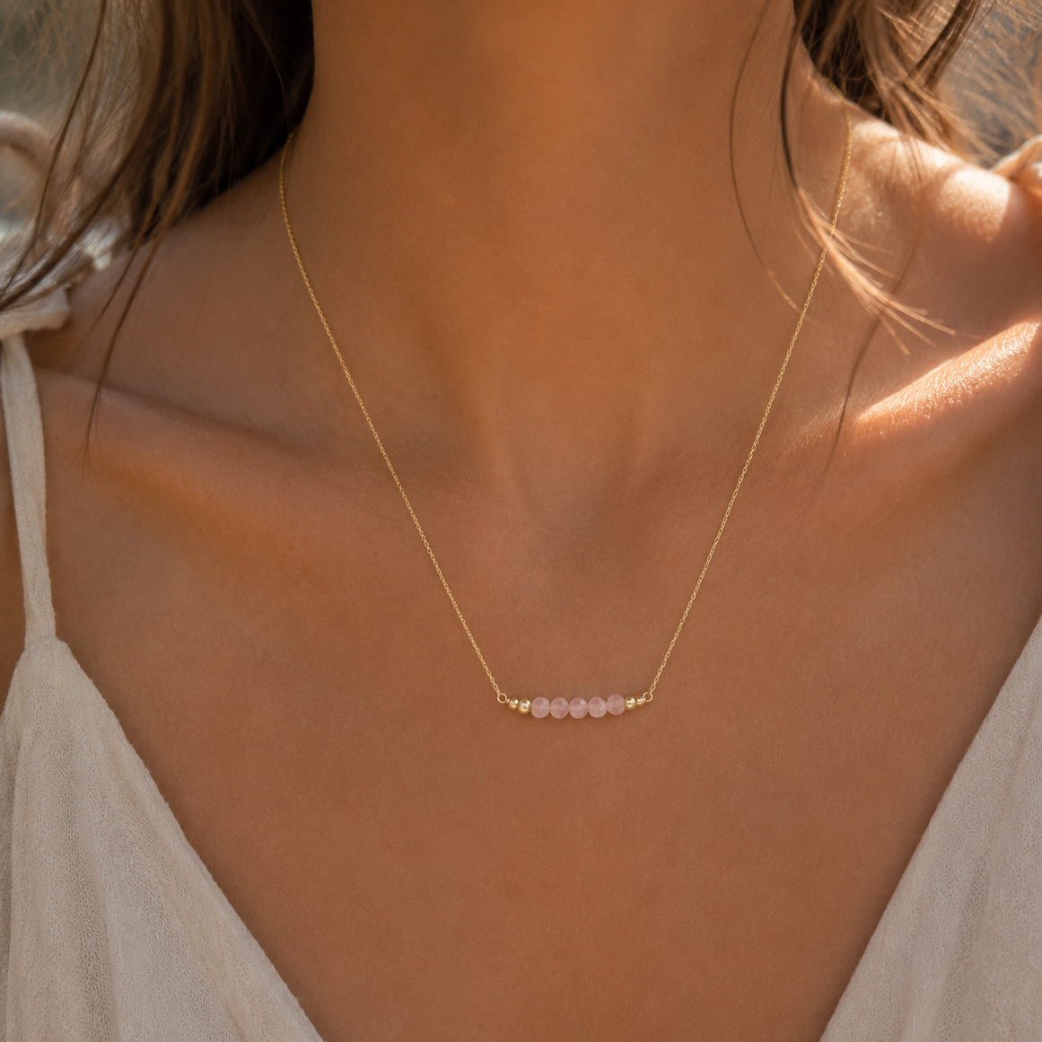 Sparkling Pink Rose Quartz Faceted Bead Bar Necklace