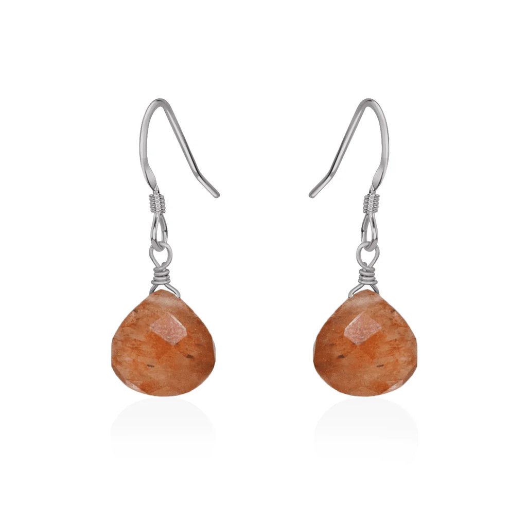 Sunstone Gemstone Teardrop Dangle Earrings - Sunstone Gemstone Teardrop Dangle Earrings - Stainless Steel - Luna Tide Handmade Crystal Jewellery