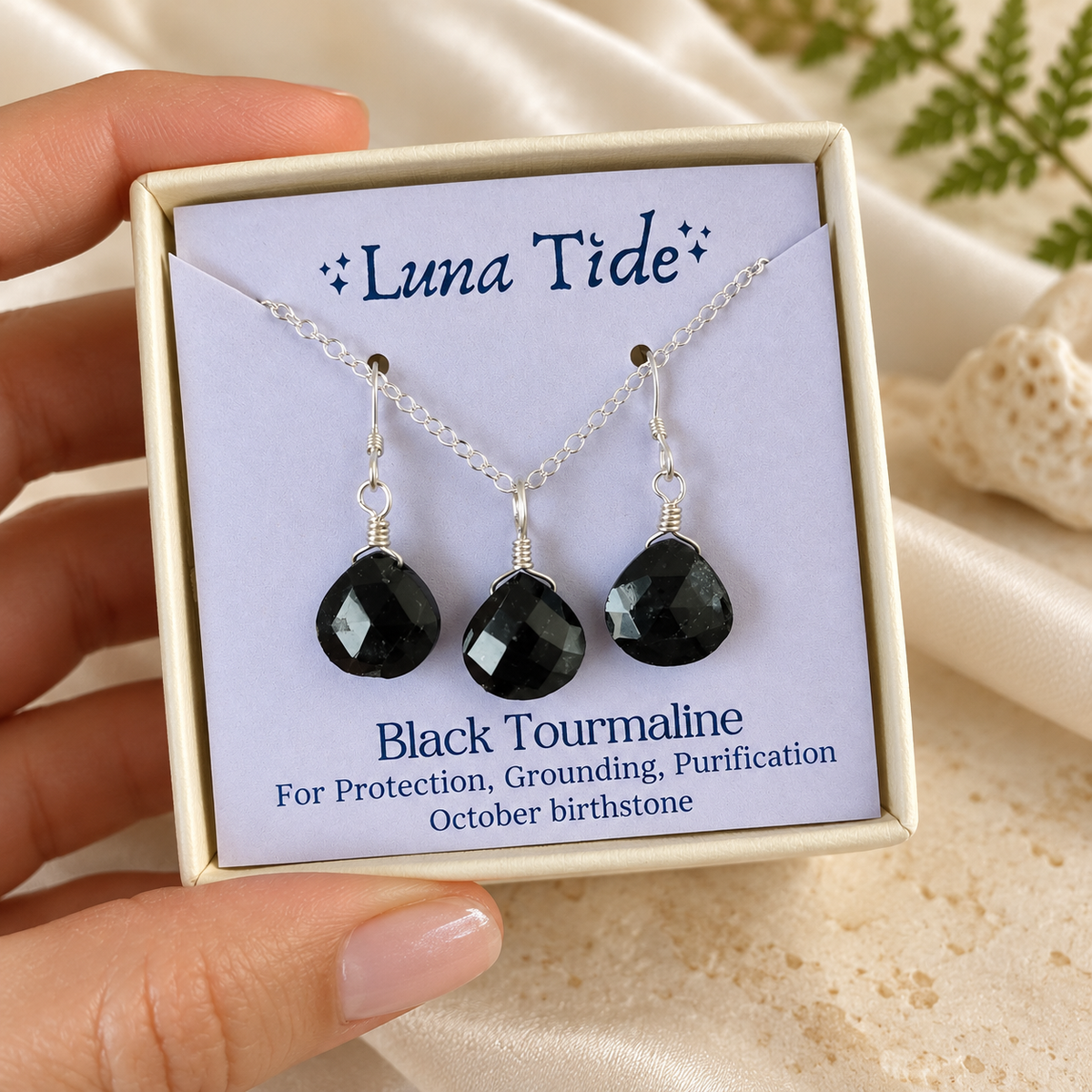 Black Tourmaline Tiny Teardrop Earrings & Necklace Set