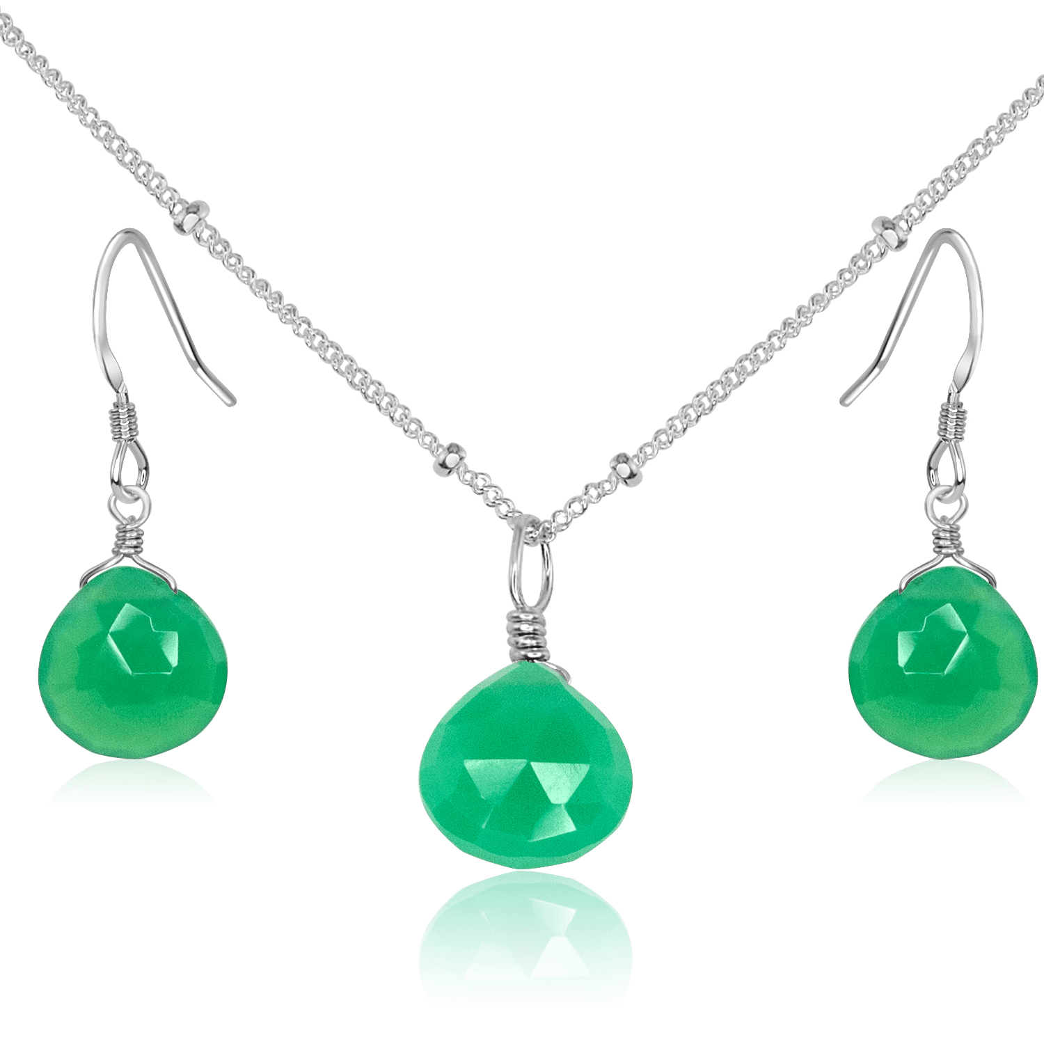 Chrysoprase Tiny Teardrop Earrings & Necklace Set - Chrysoprase Tiny Teardrop Earrings & Necklace Set - Sterling Silver / Satellite - Luna Tide Handmade Crystal Jewellery