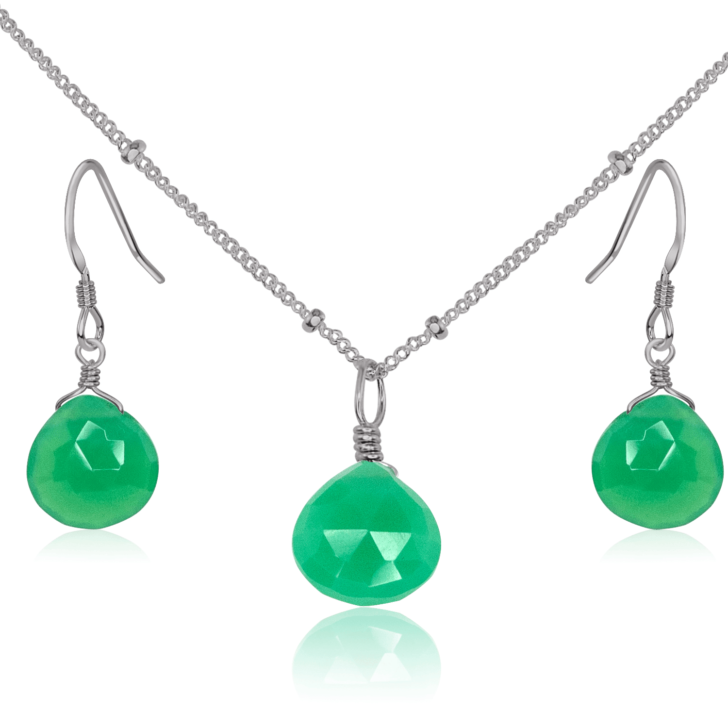 Chrysoprase Tiny Teardrop Earrings & Necklace Set - Chrysoprase Tiny Teardrop Earrings & Necklace Set - Stainless Steel / Satellite - Luna Tide Handmade Crystal Jewellery