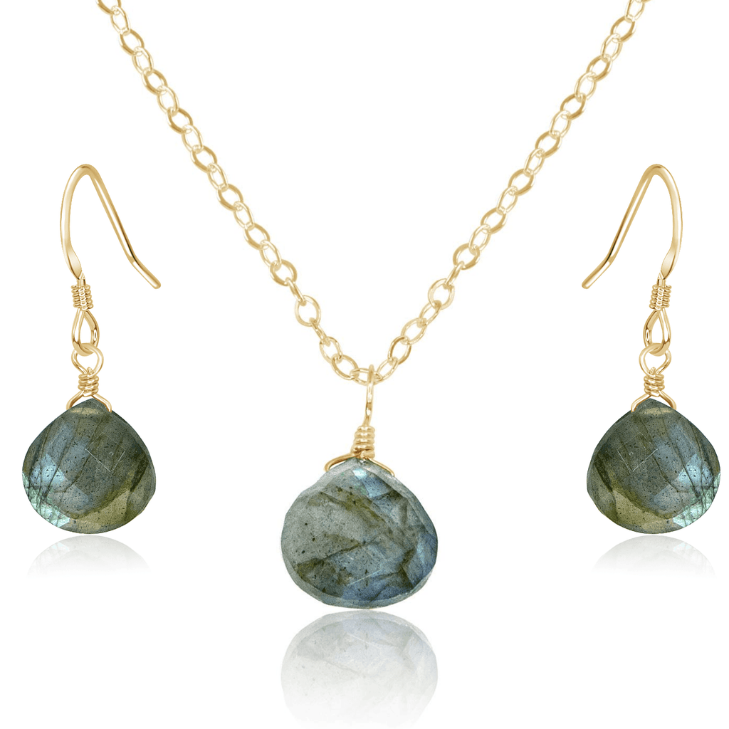 Labradorite Tiny Teardrop Earrings & Necklace Set - Labradorite Tiny Teardrop Earrings & Necklace Set - 14k Gold Fill / Cable - Luna Tide Handmade Crystal Jewellery