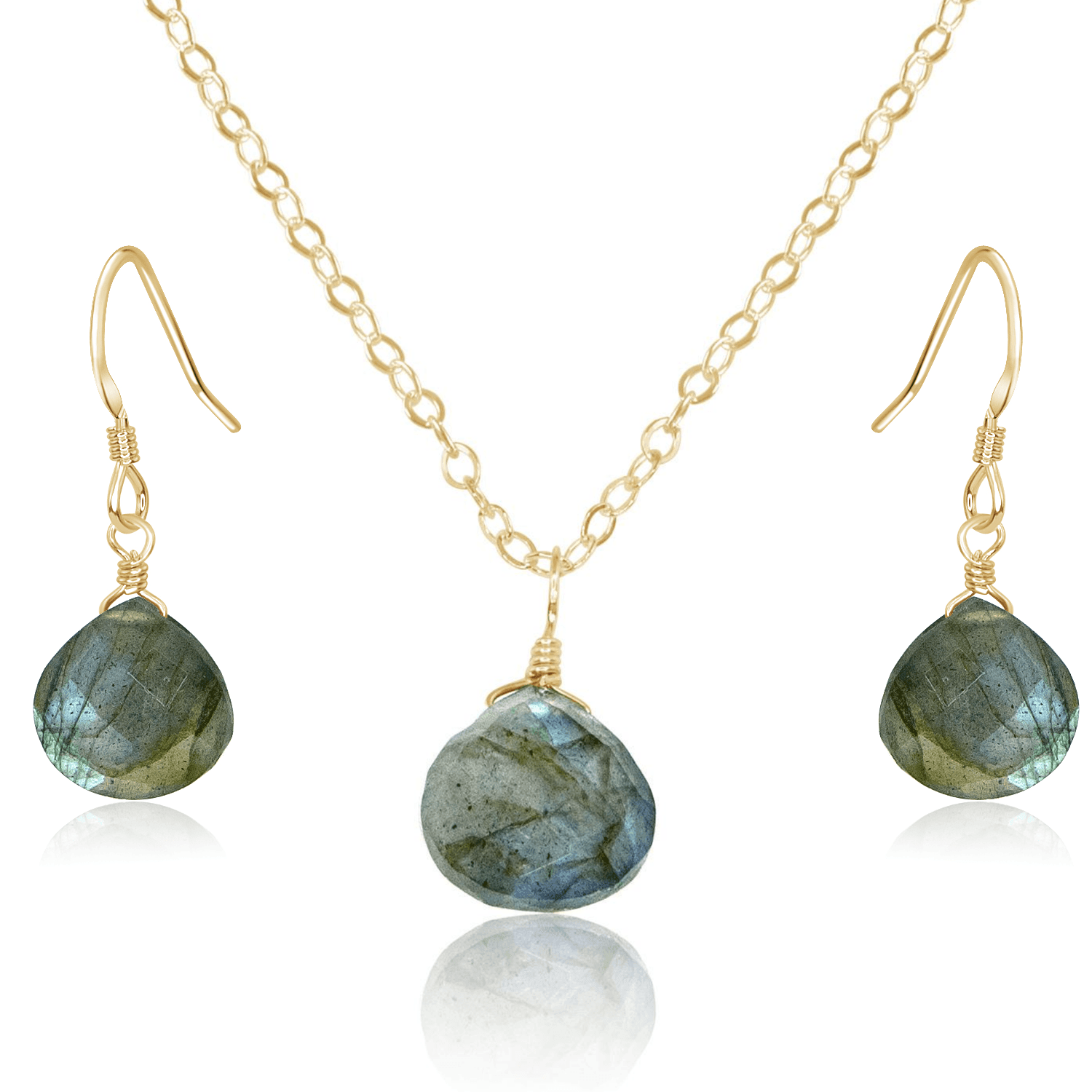 Labradorite Tiny Teardrop Earrings & Necklace Set - Labradorite Tiny Teardrop Earrings & Necklace Set - 14k Gold Fill / Cable - Luna Tide Handmade Crystal Jewellery