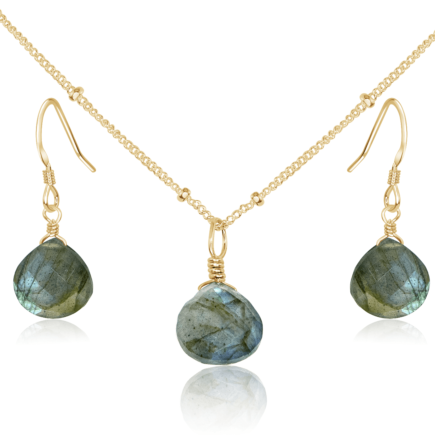 Labradorite Tiny Teardrop Earrings & Necklace Set - Labradorite Tiny Teardrop Earrings & Necklace Set - 14k Gold Fill / Satellite - Luna Tide Handmade Crystal Jewellery