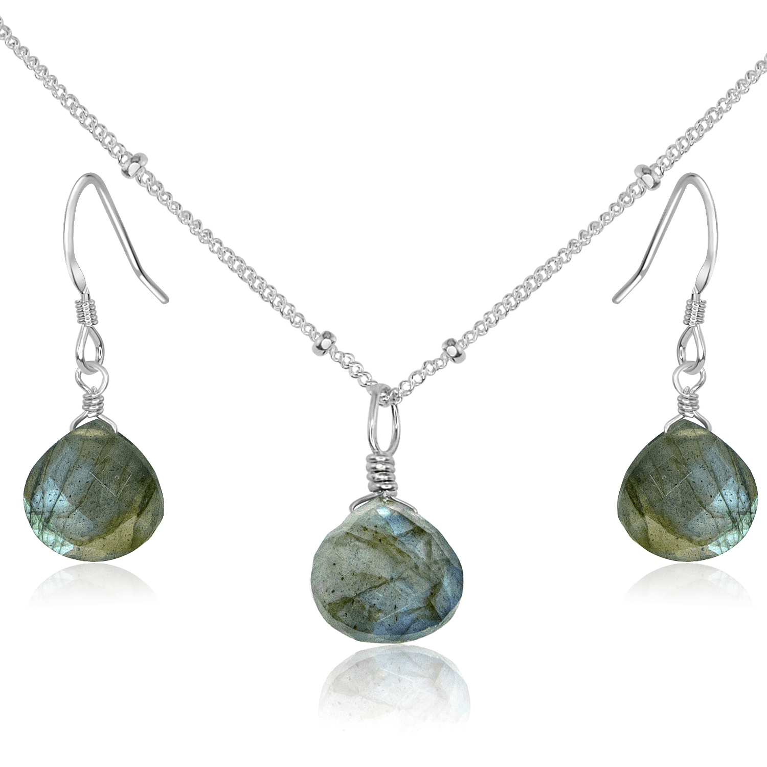 Labradorite Tiny Teardrop Earrings & Necklace Set - Labradorite Tiny Teardrop Earrings & Necklace Set - Sterling Silver / Satellite - Luna Tide Handmade Crystal Jewellery