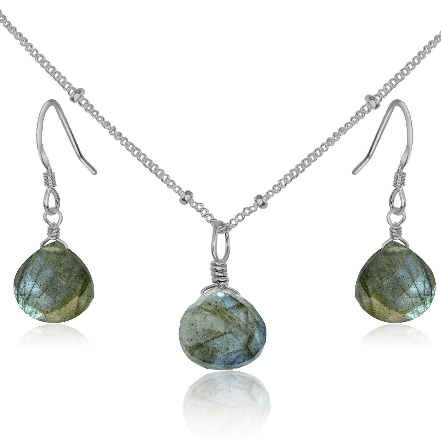 Labradorite Tiny Teardrop Earrings & Necklace Set - Labradorite Tiny Teardrop Earrings & Necklace Set - Stainless Steel / Satellite - Luna Tide Handmade Crystal Jewellery