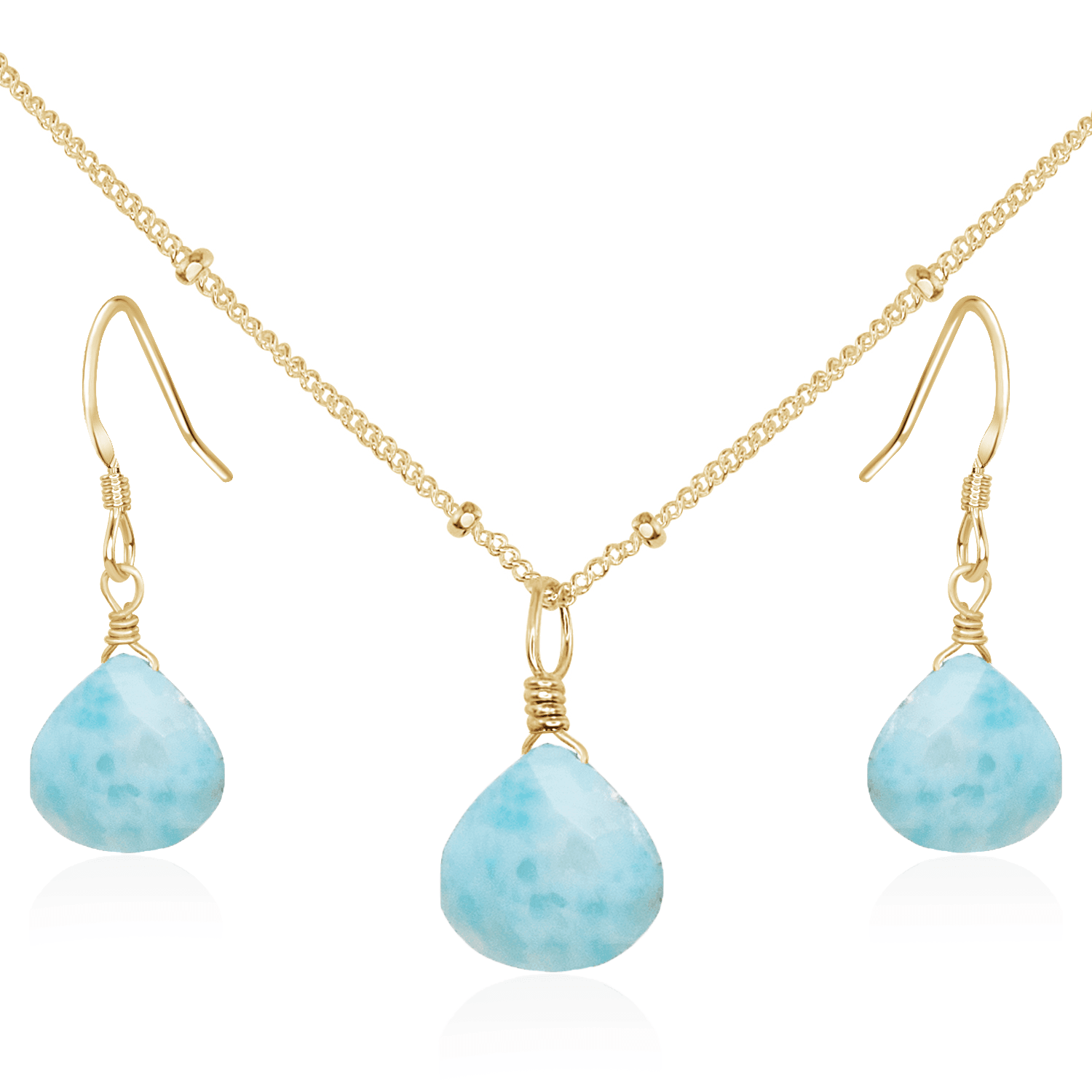Larimar Tiny Teardrop Earrings & Necklace Set - Larimar Tiny Teardrop Earrings & Necklace Set - 14k Gold Fill / Satellite - Luna Tide Handmade Crystal Jewellery
