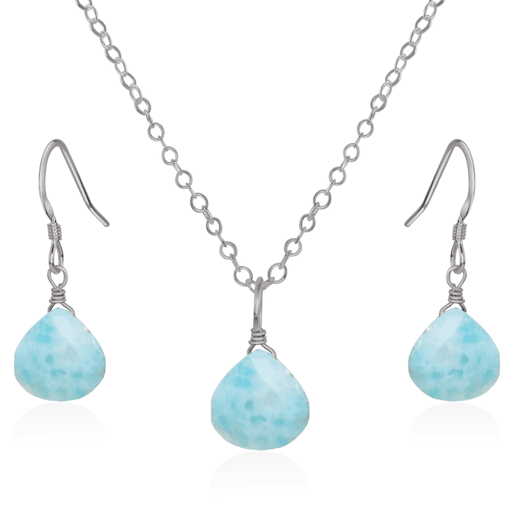 Larimar Tiny Teardrop Earrings & Necklace Set - Larimar Tiny Teardrop Earrings & Necklace Set - Stainless Steel / Cable - Luna Tide Handmade Crystal Jewellery