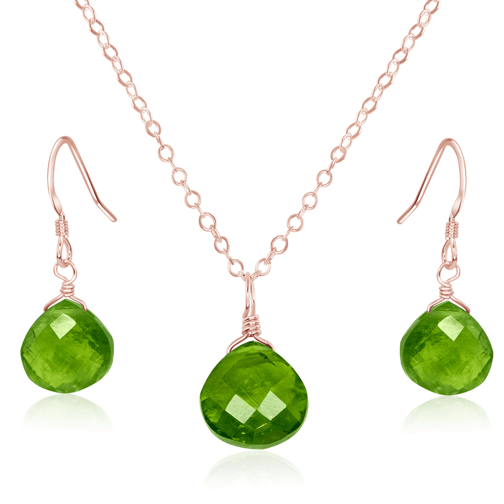 Peridot Tiny Teardrop Earrings & Necklace Set - Peridot Tiny Teardrop Earrings & Necklace Set - 14k Rose Gold Fill / Cable - Luna Tide Handmade Crystal Jewellery