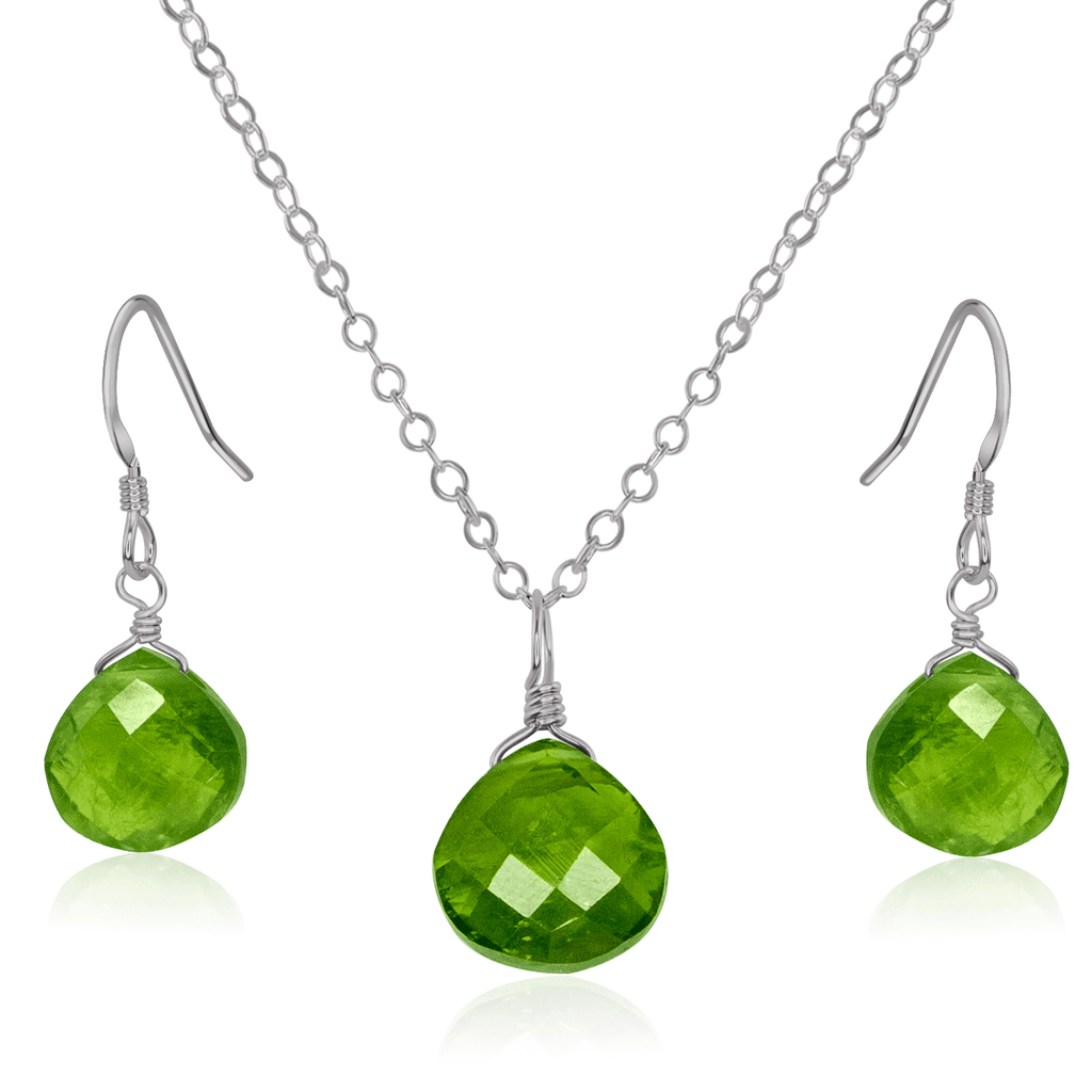 Peridot Tiny Teardrop Earrings & Necklace Set - Peridot Tiny Teardrop Earrings & Necklace Set - Stainless Steel / Cable - Luna Tide Handmade Crystal Jewellery