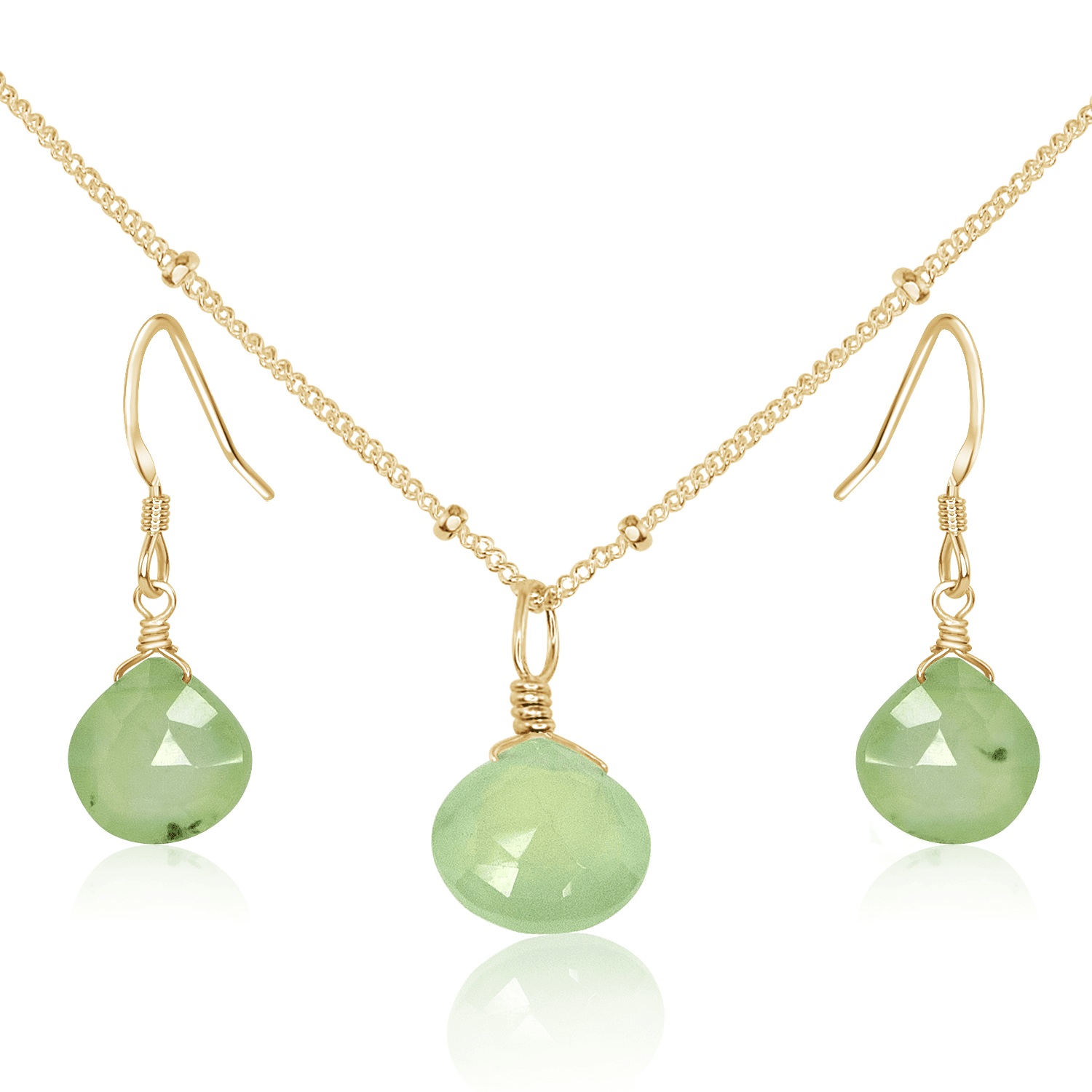 Prehnite Tiny Teardrop Earrings & Necklace Set - Prehnite Tiny Teardrop Earrings & Necklace Set - 14k Gold Fill / Satellite - Luna Tide Handmade Crystal Jewellery