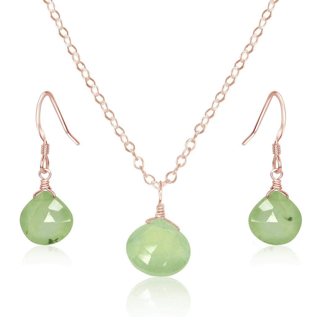 Prehnite Tiny Teardrop Earrings & Necklace Set - Prehnite Tiny Teardrop Earrings & Necklace Set - 14k Rose Gold Fill / Cable - Luna Tide Handmade Crystal Jewellery