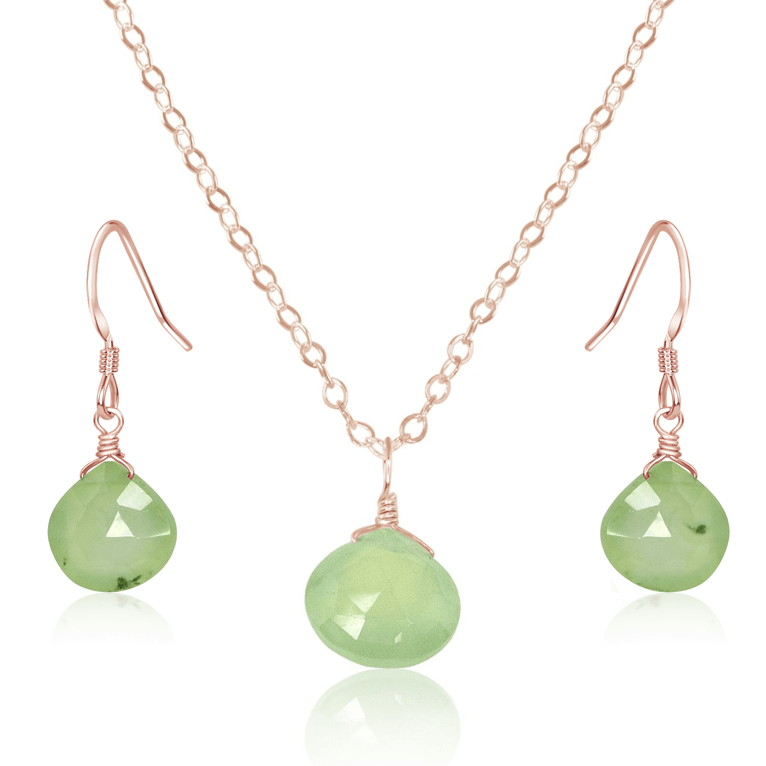 Prehnite Tiny Teardrop Earrings & Necklace Set - Prehnite Tiny Teardrop Earrings & Necklace Set - 14k Rose Gold Fill / Cable - Luna Tide Handmade Crystal Jewellery