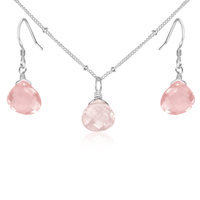 Rose Quartz Tiny Teardrop Earrings & Necklace Set