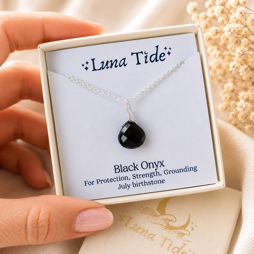 Tiny Black Onyx Teardrop Crystal Pendant Necklace