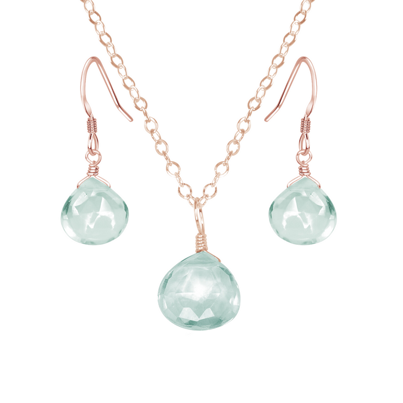 Aquamarine Tiny Teardrop Earrings & Necklace Set