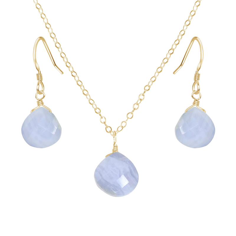 Blue Lace Agate Tiny Teardrop Earrings & Necklace Set