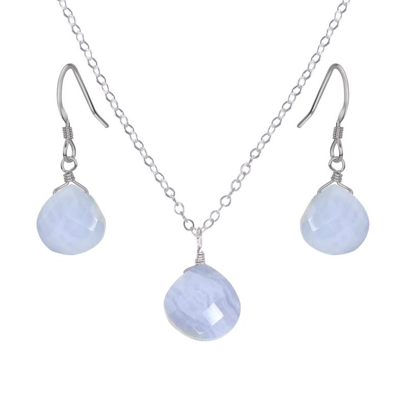 Blue Lace Agate Tiny Teardrop Earrings & Necklace Set