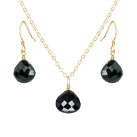 Black Tourmaline Tiny Teardrop Earrings & Necklace Set