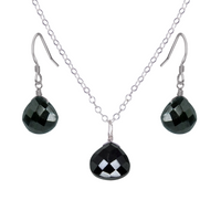 Black Tourmaline Tiny Teardrop Earrings & Necklace Set