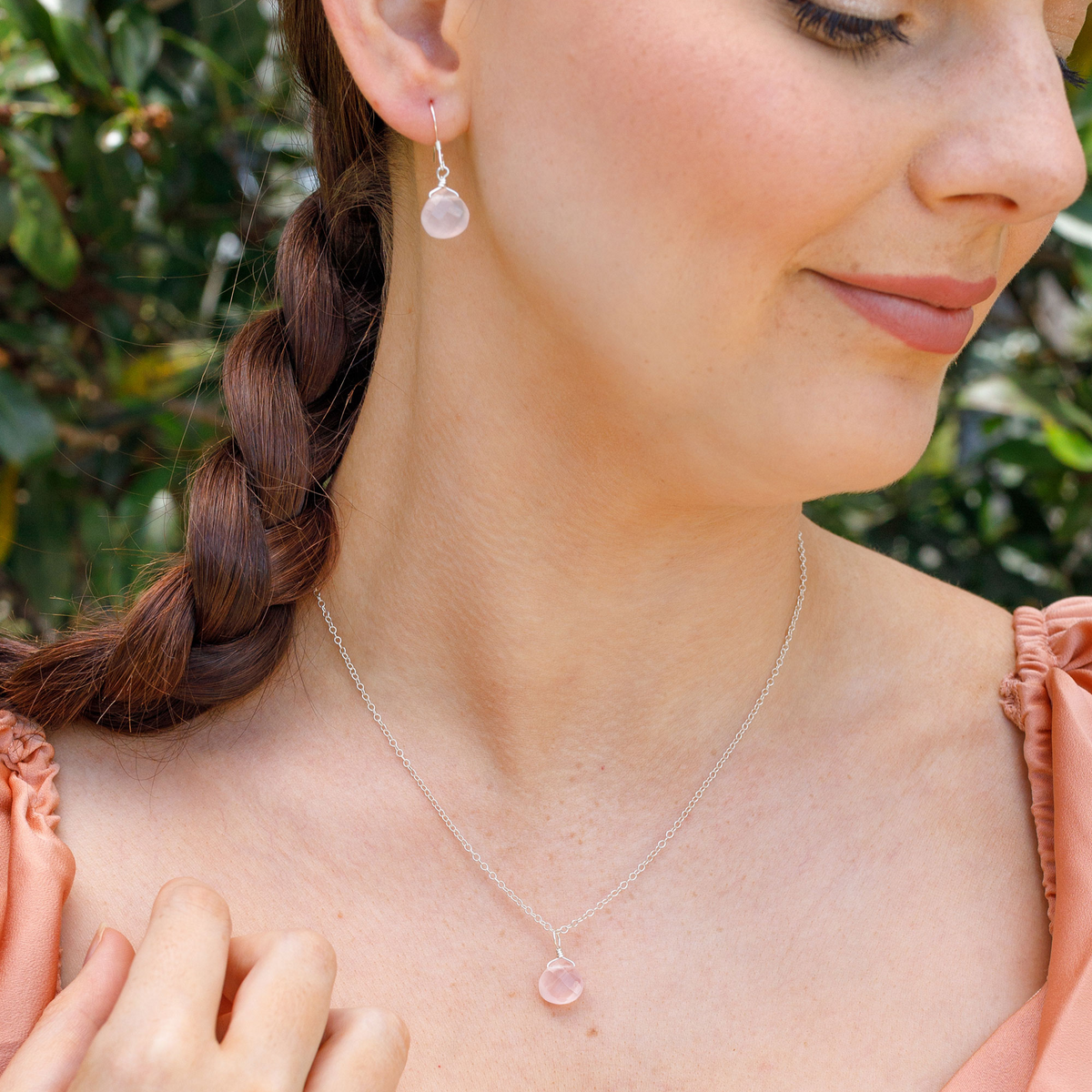 Rose Quartz Tiny Teardrop Earrings & Necklace Set