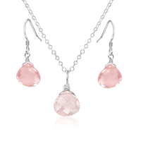 Rose Quartz Tiny Teardrop Earrings & Necklace Set