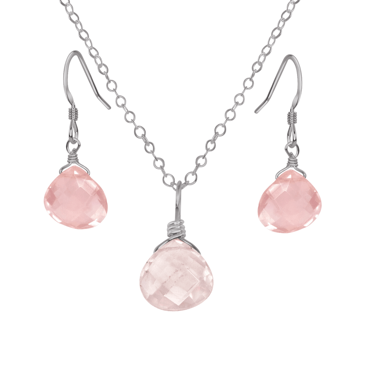 Rose Quartz Tiny Teardrop Earrings & Necklace Set