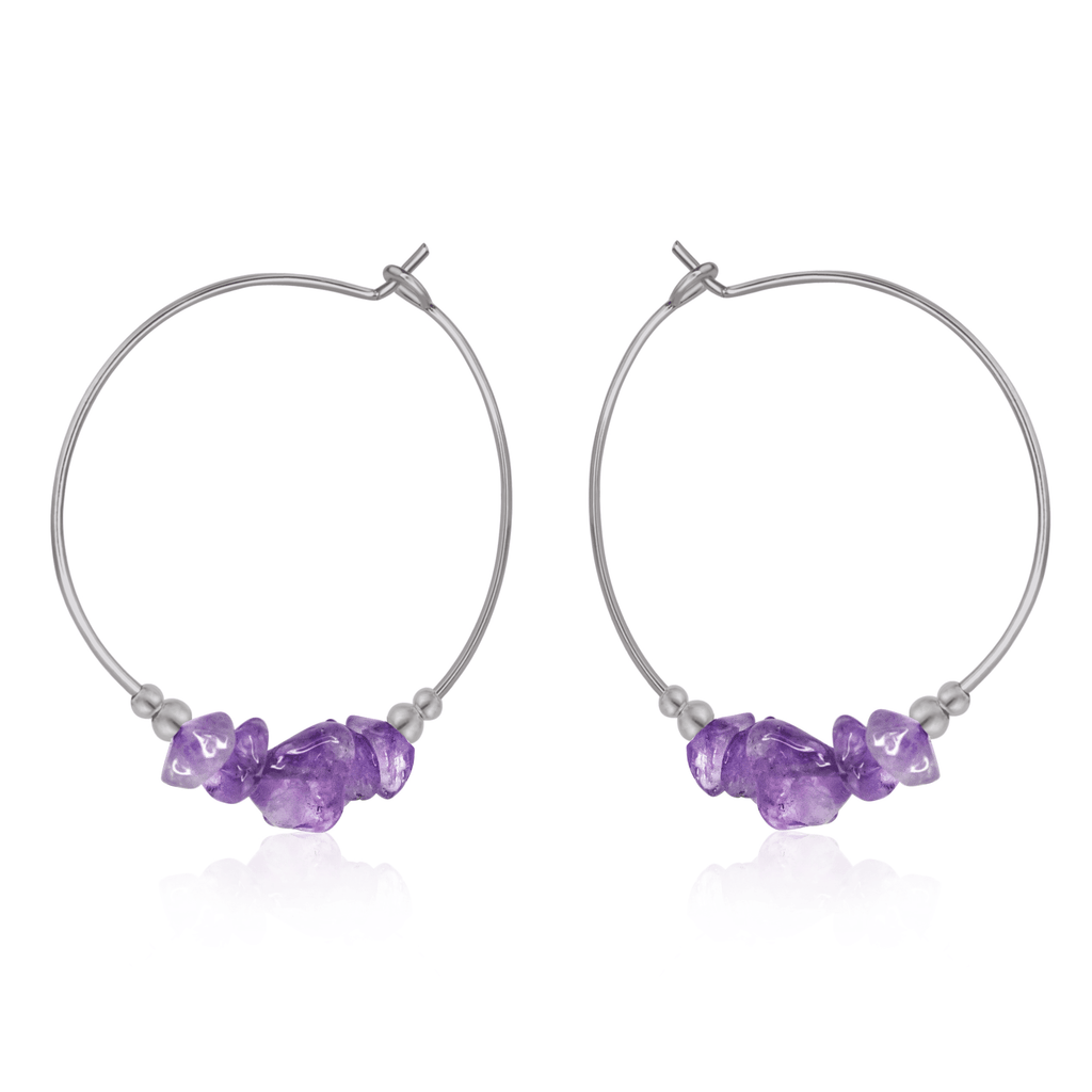 Amethyst Crystal Chip Large Hoop Earrings - Amethyst Crystal Chip Large Hoop Earrings - Stainless Steel - Luna Tide Handmade Crystal Jewellery