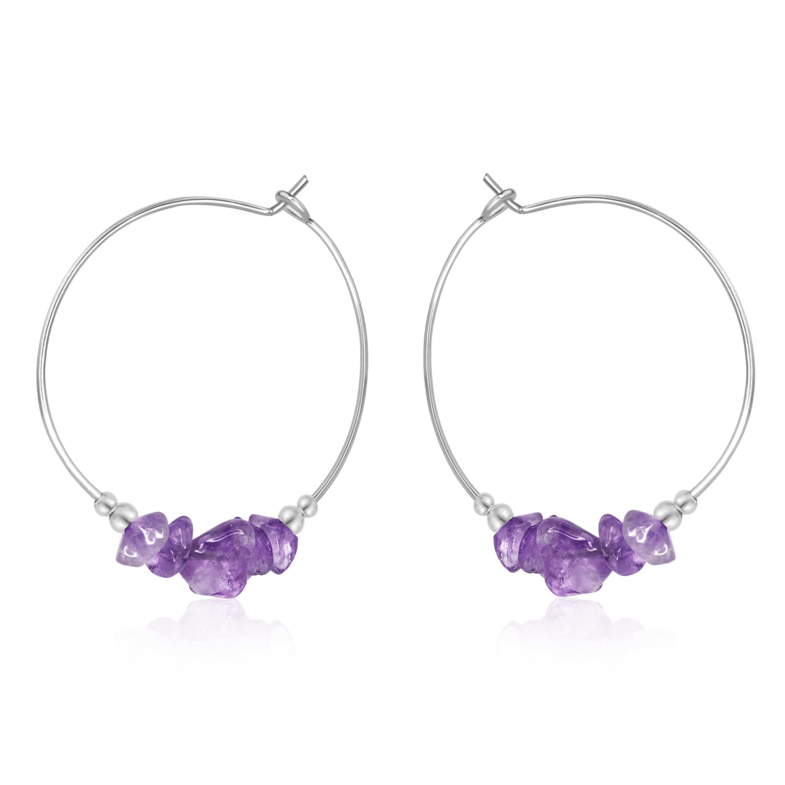 Amethyst Crystal Chip Large Hoop Earrings - Amethyst Crystal Chip Large Hoop Earrings - Sterling Silver - Luna Tide Handmade Crystal Jewellery