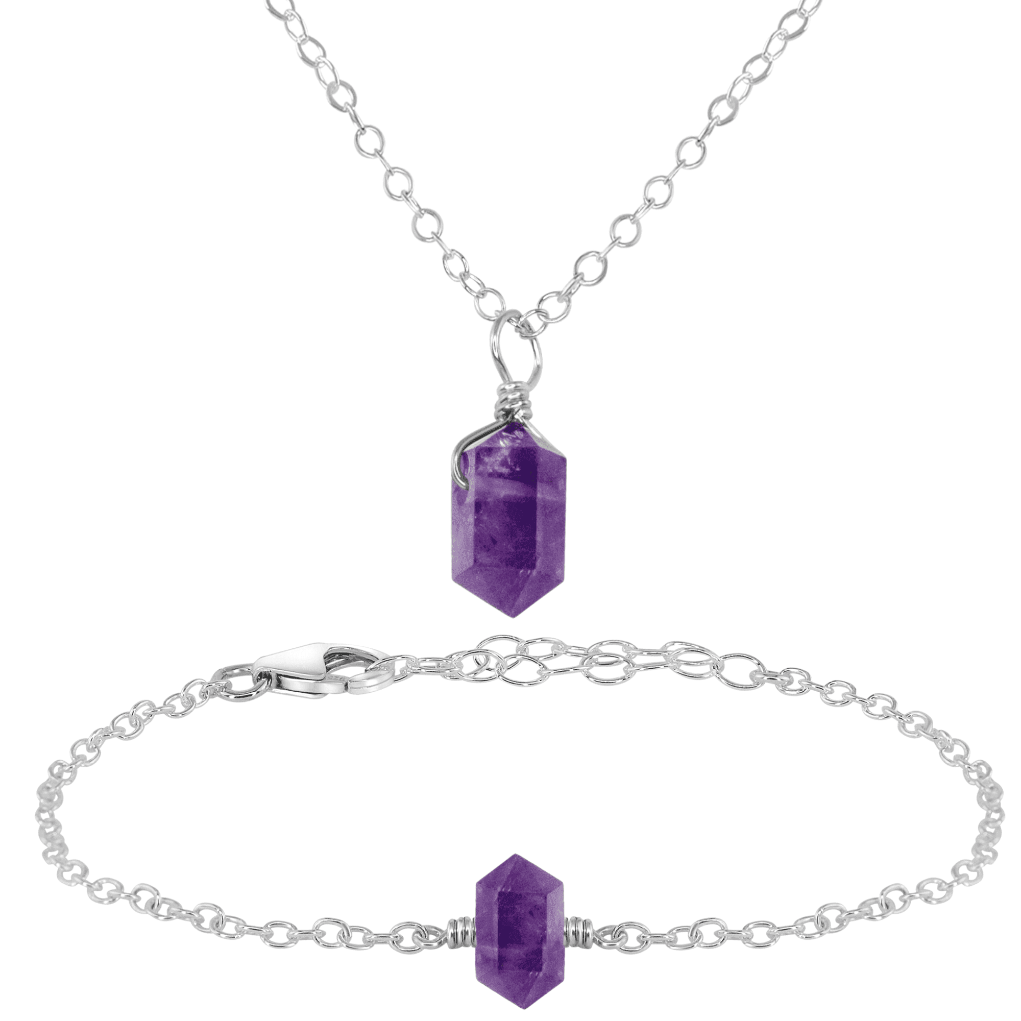 Amethyst Double Terminated Crystal Necklace & Bracelet Set - Amethyst Double Terminated Crystal Necklace & Bracelet Set - Sterling Silver - Luna Tide Handmade Crystal Jewellery
