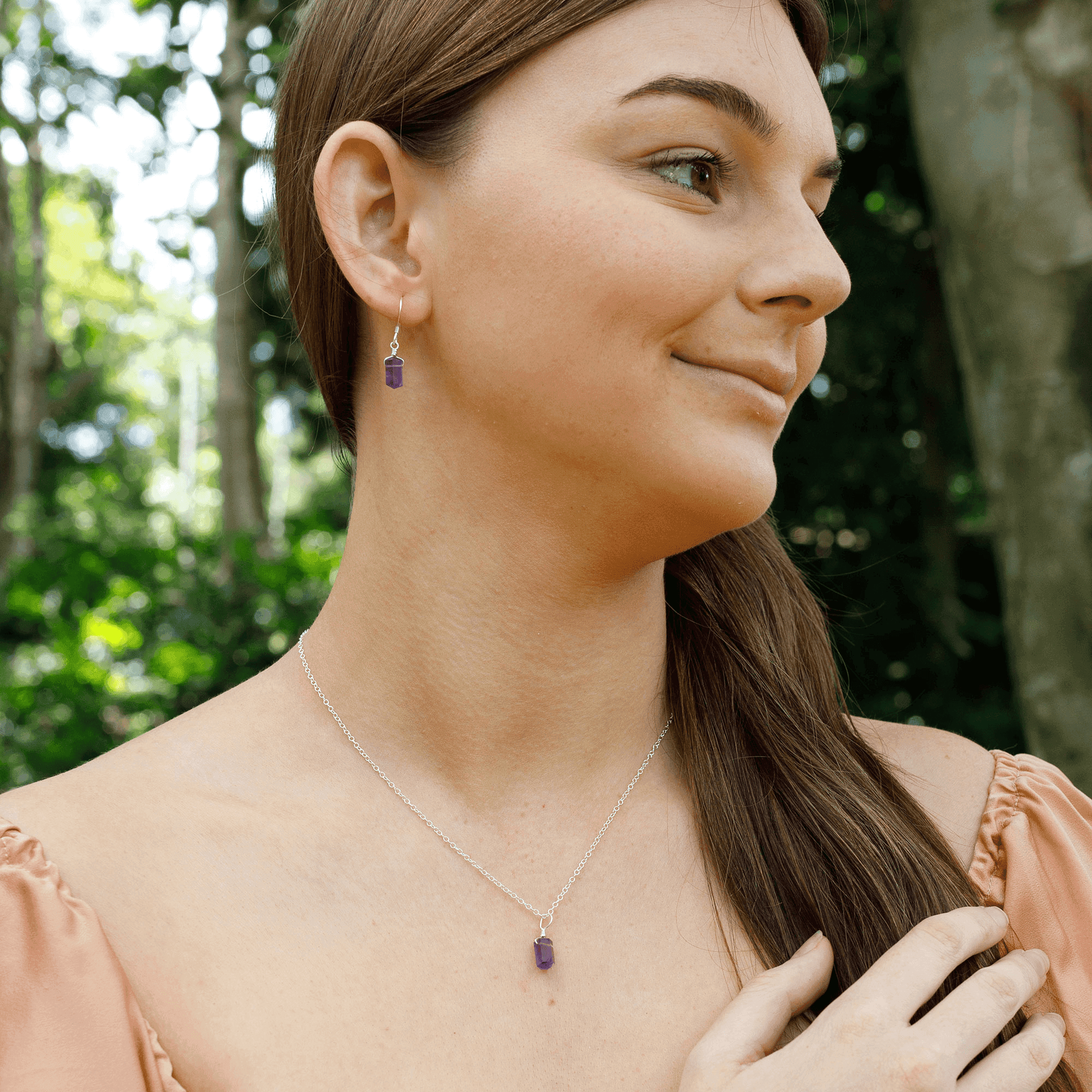 Amethyst Mini Double Terminated Crystal Point Earrings & Necklace Set - Amethyst Mini Double Terminated Crystal Point Earrings & Necklace Set - Sterling Silver - Luna Tide Handmade Crystal Jewellery