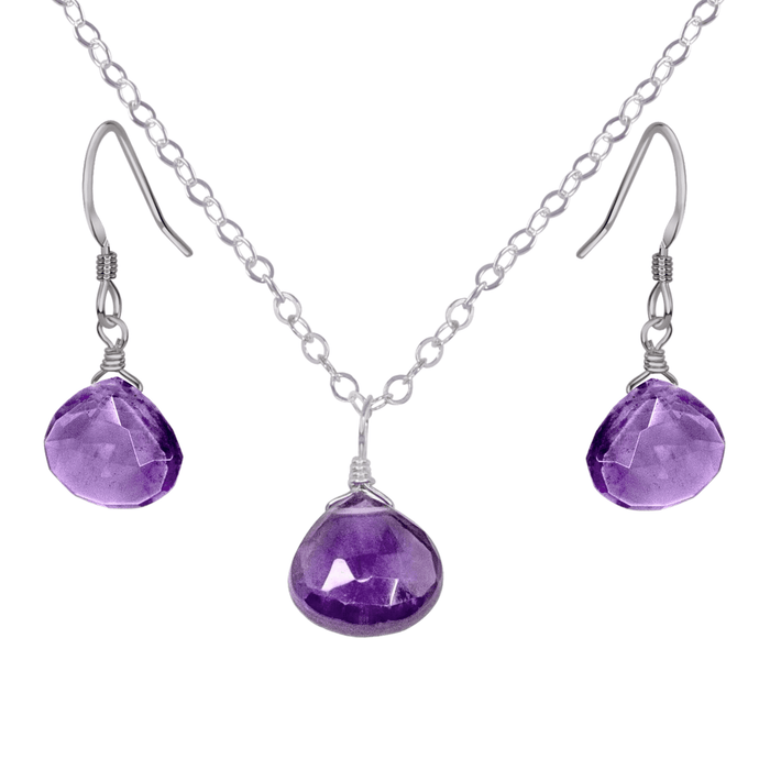 Amethyst Tiny Teardrop Earrings & Necklace Set - Amethyst Tiny Teardrop Earrings & Necklace Set - Stainless Steel / Cable - Luna Tide Handmade Crystal Jewellery