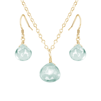 Aquamarine Tiny Teardrop Earrings & Necklace Set - Aquamarine Tiny Teardrop Earrings & Necklace Set - 14k Gold Fill / Cable - Luna Tide Handmade Crystal Jewellery