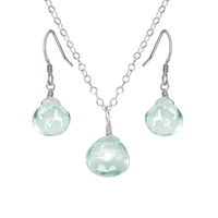 Aquamarine Tiny Teardrop Earrings & Necklace Set - Aquamarine Tiny Teardrop Earrings & Necklace Set - Stainless Steel / Cable - Luna Tide Handmade Crystal Jewellery