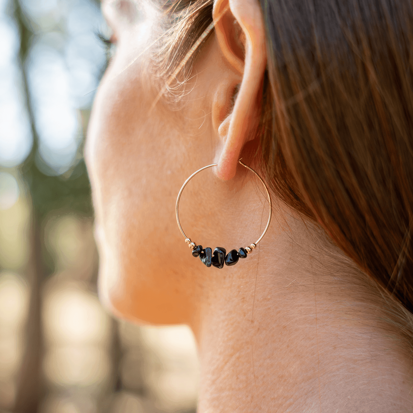 Black Tourmaline Crystal Chip Large Hoop Earrings - Black Tourmaline Crystal Chip Large Hoop Earrings - 14k Gold Fill - Luna Tide Handmade Crystal Jewellery
