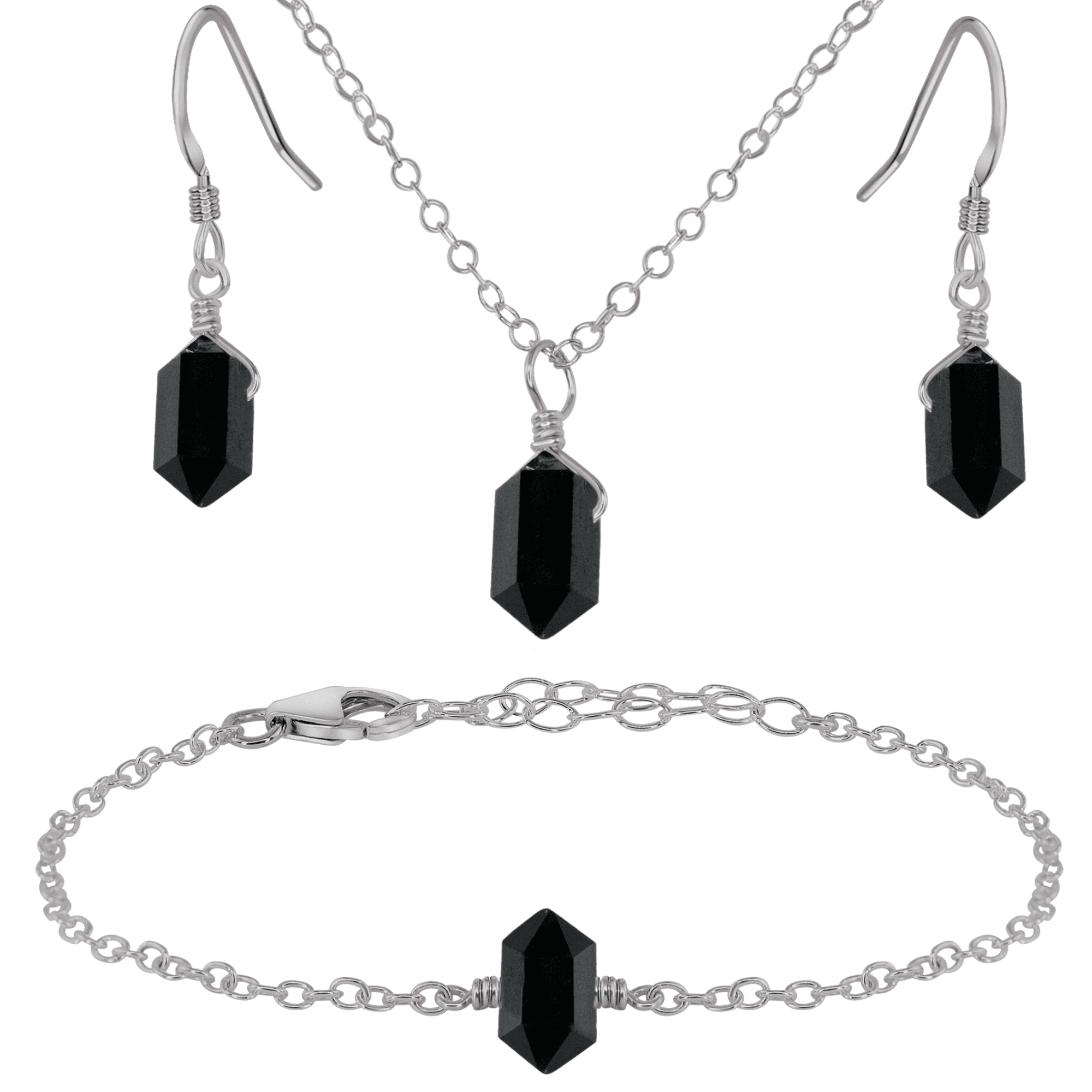 Black Tourmaline Double Terminated Crystal Earrings, Necklace & Bracelet Set - Black Tourmaline Double Terminated Crystal Earrings, Necklace & Bracelet Set - Stainless Steel - Luna Tide Handmade Crystal Jewellery